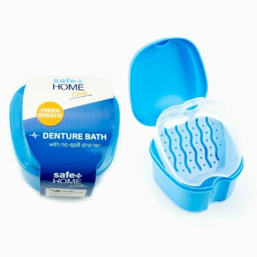 Safe Home Care Denture Bath Blue with No Spill Strainer Keeps Dentures Fresh